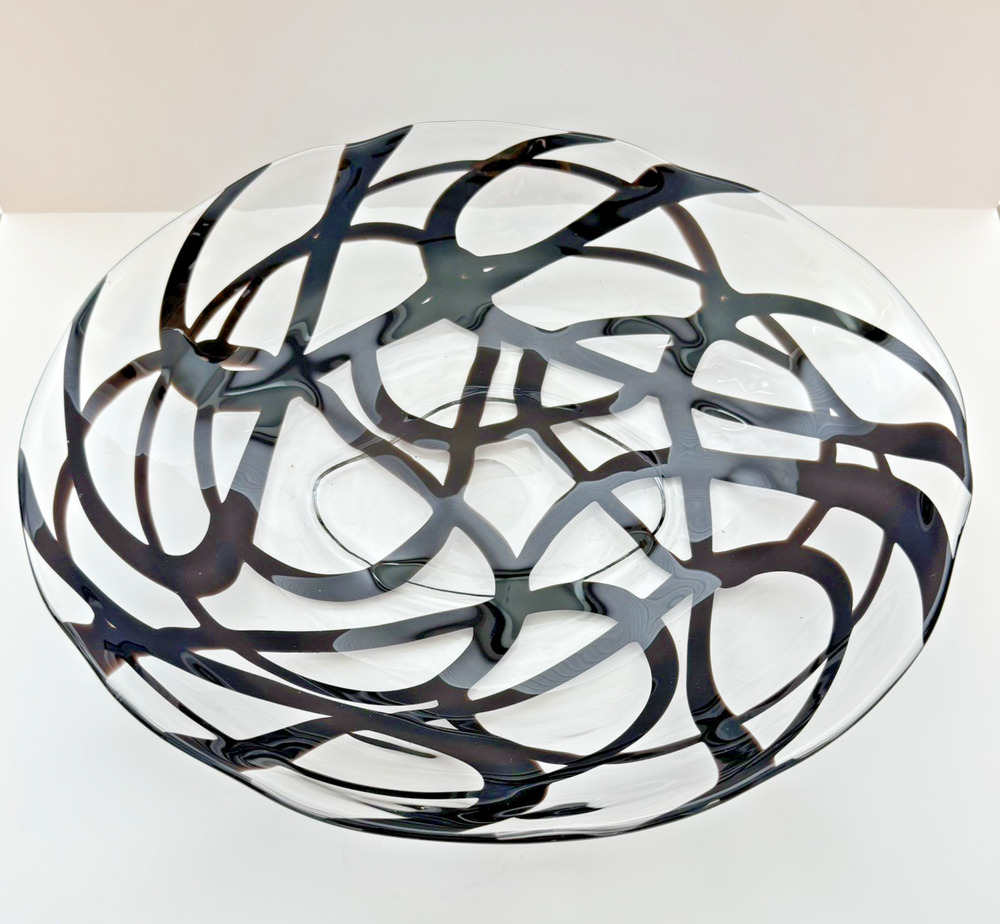 Vintage IKEA Firenze Art Glass Bowl by Martin Bergstrom Handblown Black Swirl